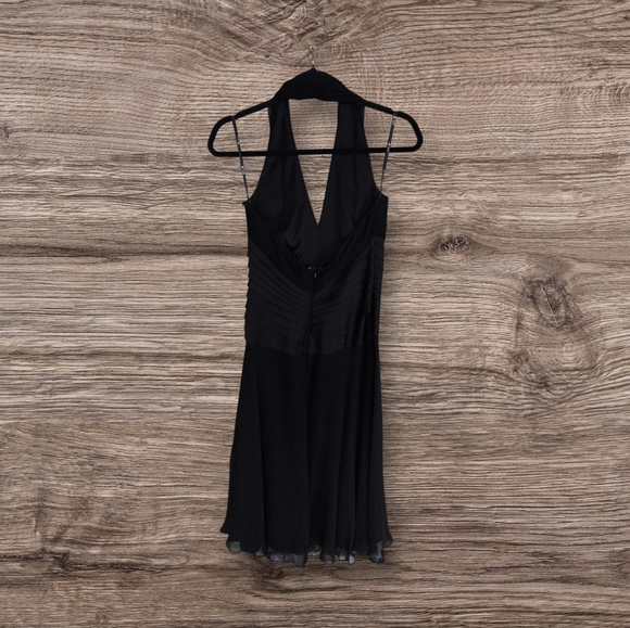 TADASHI Vintage Black Silk Satin Pleated Chiffon Skirt Open Back Dress - Picture 5 of 7